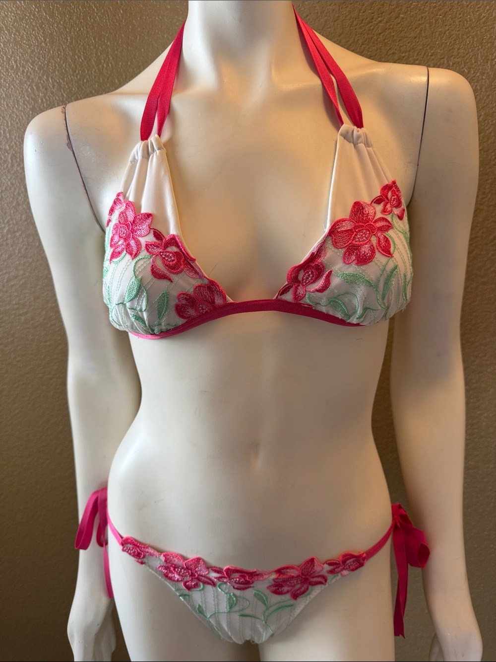 Beach Bunny Vintage Secrete Garden White & Pink Floral Embroidered Halter Bikini